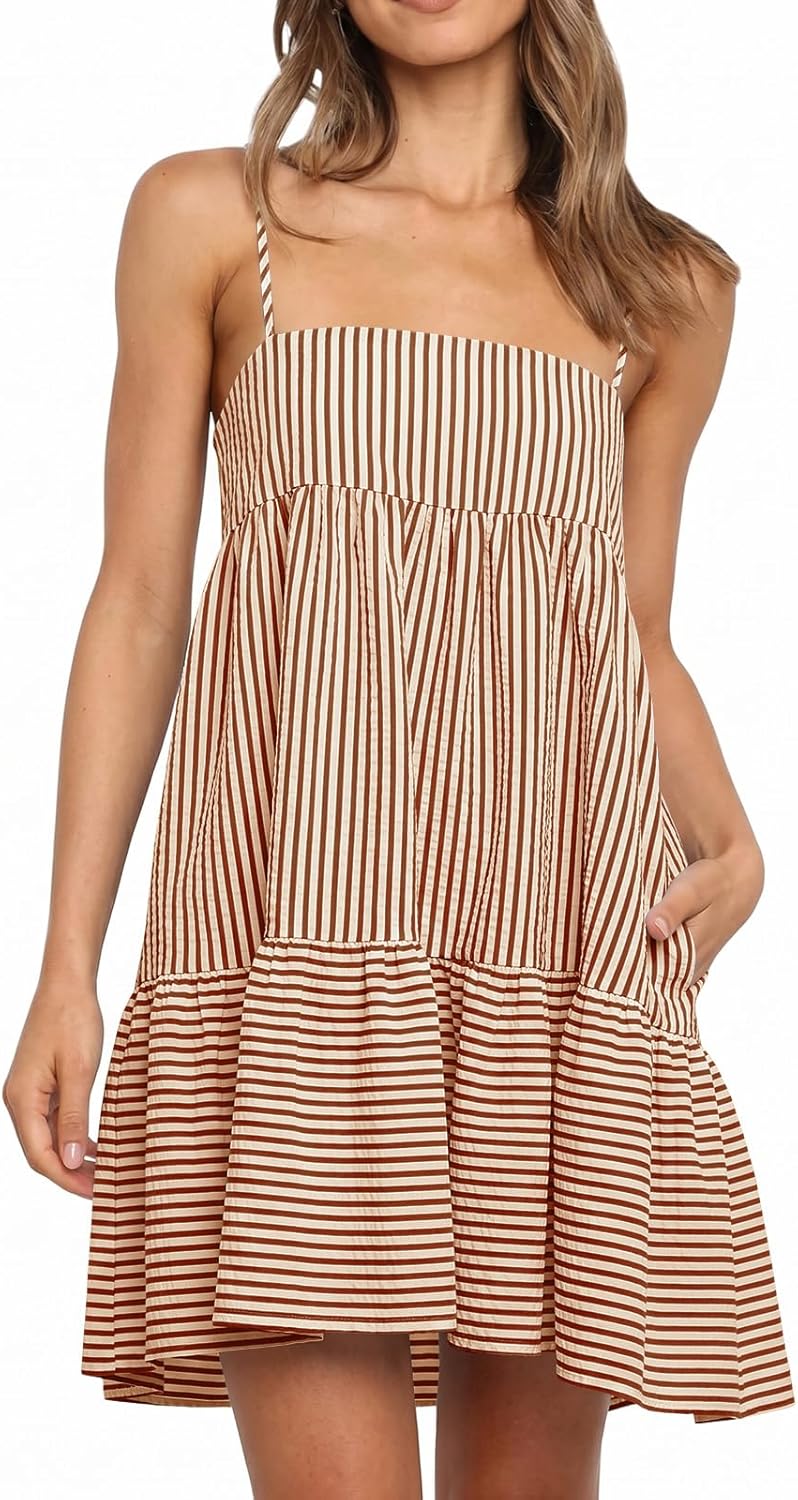 Wenrine Womens Summer Striped Mini Dress Casual Spaghetti Strap Sleeveless A Line Beach Sundress with Pockets