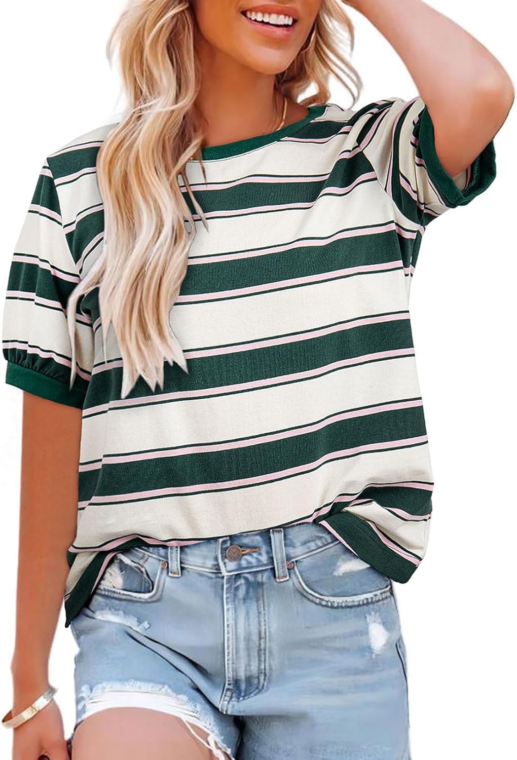 Dokotoo Womens Summer Tops 2026 Striped Color Block Short Sleeve Fashion T-Shirts Crewneck Casual Loose Basic Tee Blouses