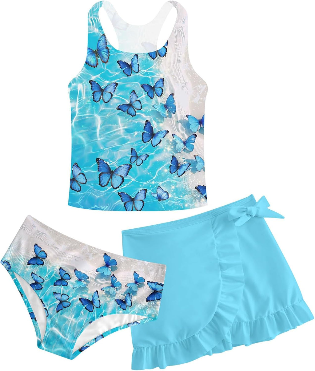 Girls Swimsuits 3 Piece Tankini Bathing Suit Set Cute Bikini Swimwear with Cover Ups Beach Skirt 5-16 Years