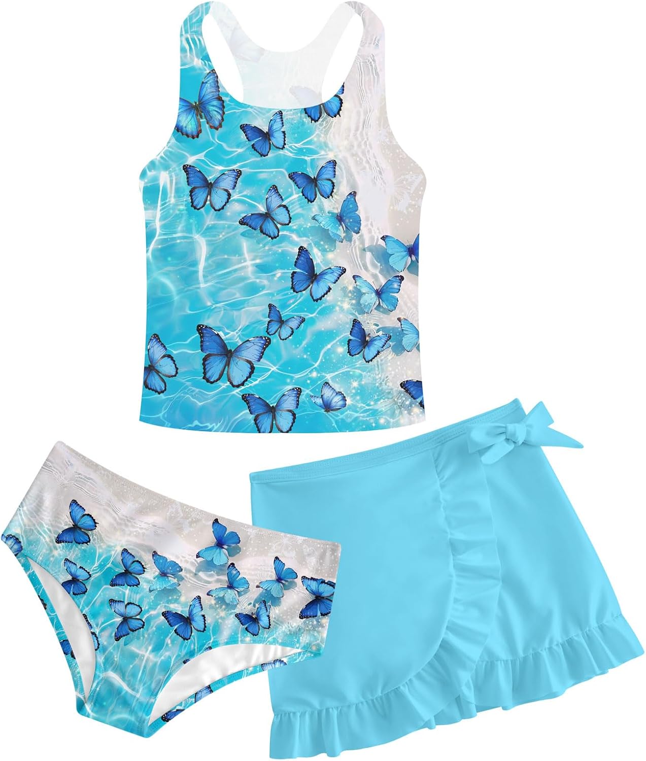 Girls Swimsuits 3 Piece Tankini Bathing Suit Set Cute Bikini Swimwear with Cover Ups Beach Skirt 5-16 Years