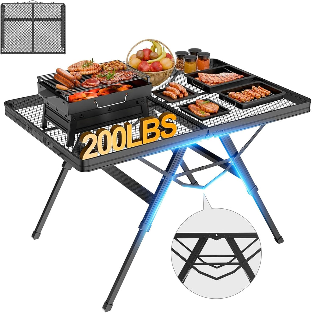WildFinder Folding Table with 2 Wing Panels, 3x2 FT Camping Table with Mesh Desktop,Height Adjustable Folding Grill Table with Mesh Bag,Portable Outdoor Table for Picnic,Camping,BBQ,Beach(Black)