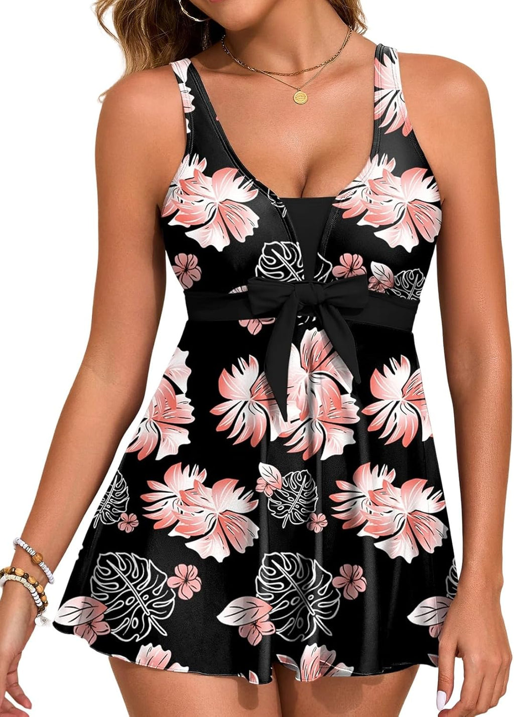 Aleumdr Women Printed Two Piece Tankini Swimsuits Tummy Control Swim Dress High Waisted Boyshort with Pockets