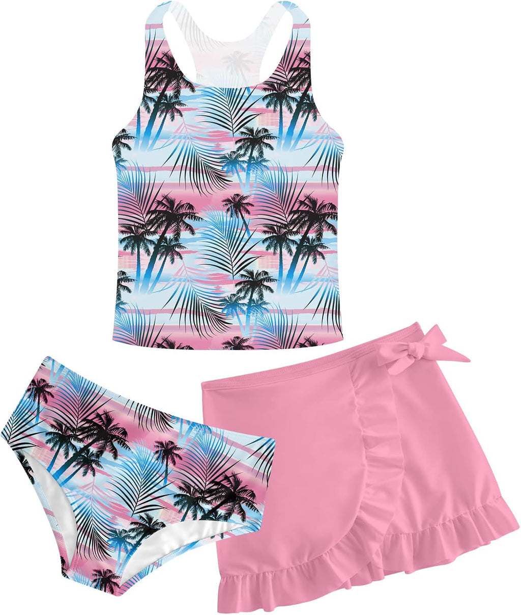 Girls Swimsuits 3 Piece Tankini Bathing Suit Set Cute Bikini Swimwear with Cover Ups Beach Skirt 5-16 Years