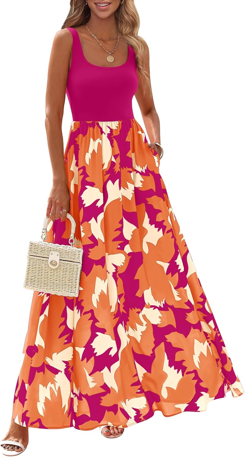 KIRUNDO Women Summer Sleeveless Boho Floral Maxi Dress 2026 Scoop Neck Tank A Line Flowy Beach Vacation Resort Wear Sundress