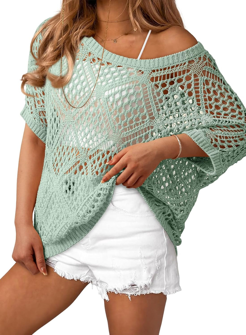 Dokotoo Women's Crochet Cover Up Tops Summer Short Sleeve Off Shoulder Sweater Shirts Beach Swimsuit Coverup