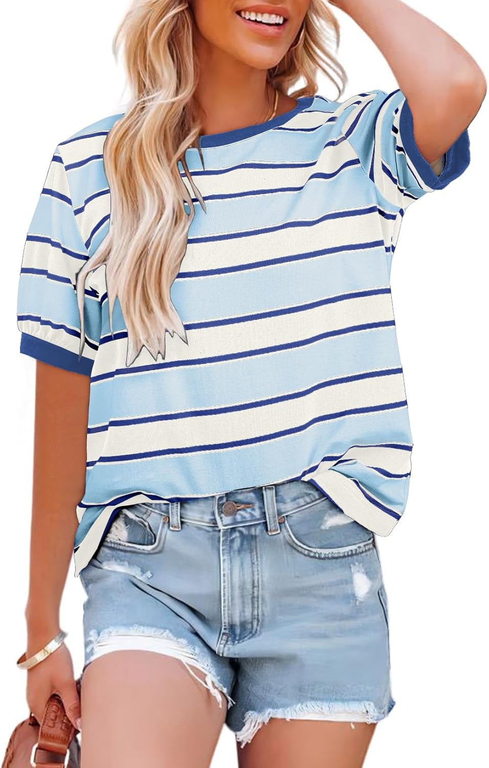 Dokotoo Womens Summer Tops 2026 Striped Color Block Short Sleeve Fashion T-Shirts Crewneck Casual Loose Basic Tee Blouses