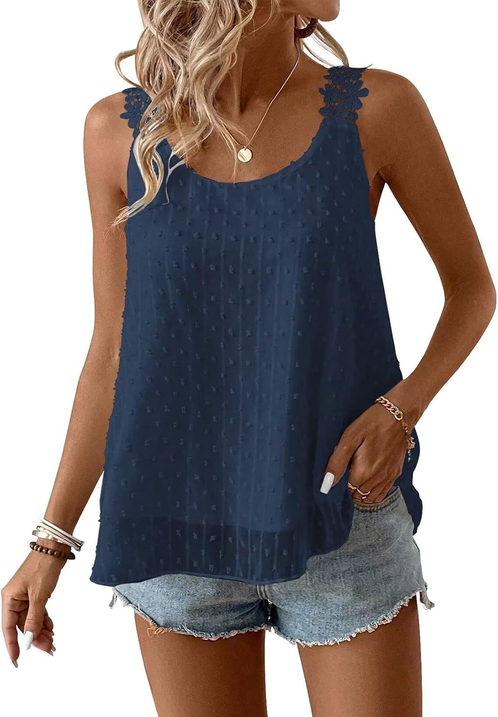 Womens Tank Tops Flowy Sleeveless Summer Boho Tank Top for Women Casual Crewneck Strap Lace Camisole Shirts