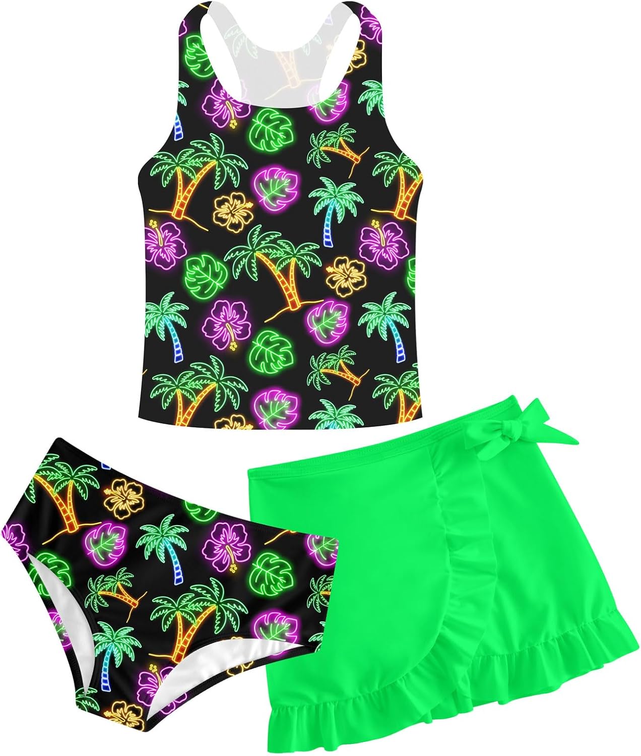 Girls Swimsuits 3 Piece Tankini Bathing Suit Set Cute Bikini Swimwear with Cover Ups Beach Skirt 5-16 Years