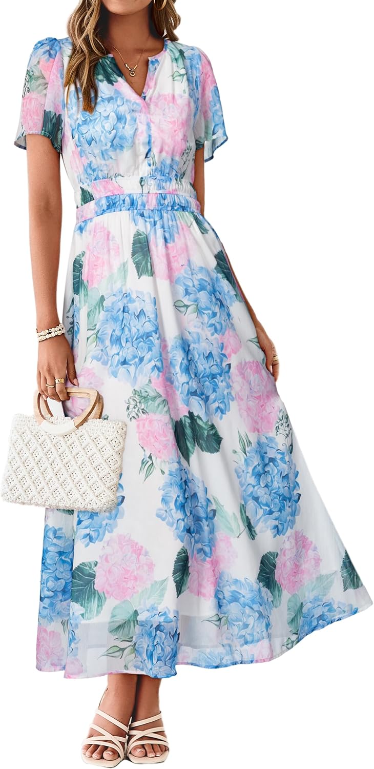 Simplee Women Floral Summer Maxi Dress Boho Flowy Casual Chiffon Short Sleeves V Neck Long Wedding Guest Dresses