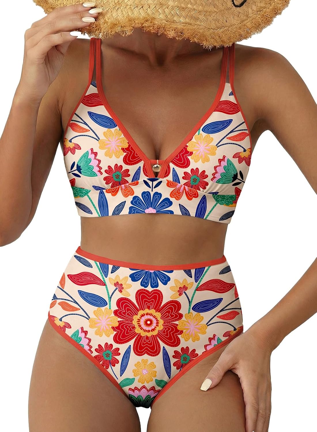Herseas Women's 2 Piece Floral Print Bikini Sets V Neck Stitch Swimsuits High Waisted Bathing Suit Beach Summer Swimwear