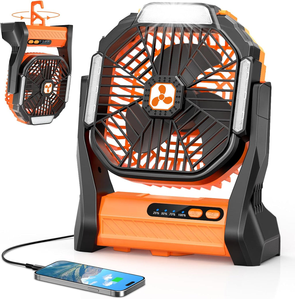 Peouix Portable Rechargeable Fan, 20000mAh Cordless Battery Powered Camping Tent Fans with LED Lantern, Small USB C Operated Outdoor Ventiladores for Travel Camp Fishing Office Home Essentials