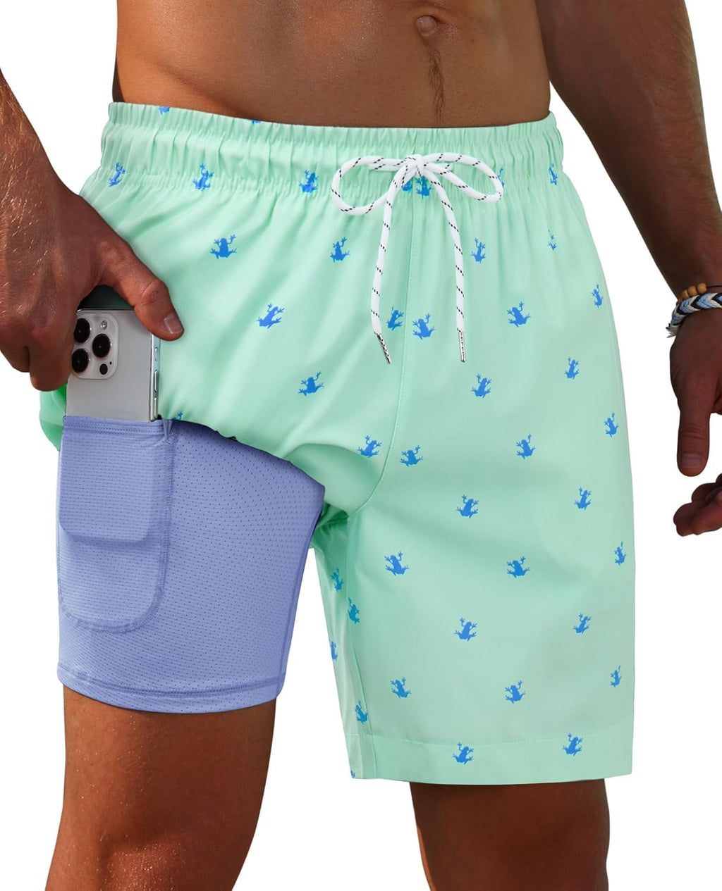 Gleeease 7inch Mens Swim Trunks 2 in 1 with Compression Liner Pockets Drawstring Quick Dry Stretch Lined Funny Beach Pool