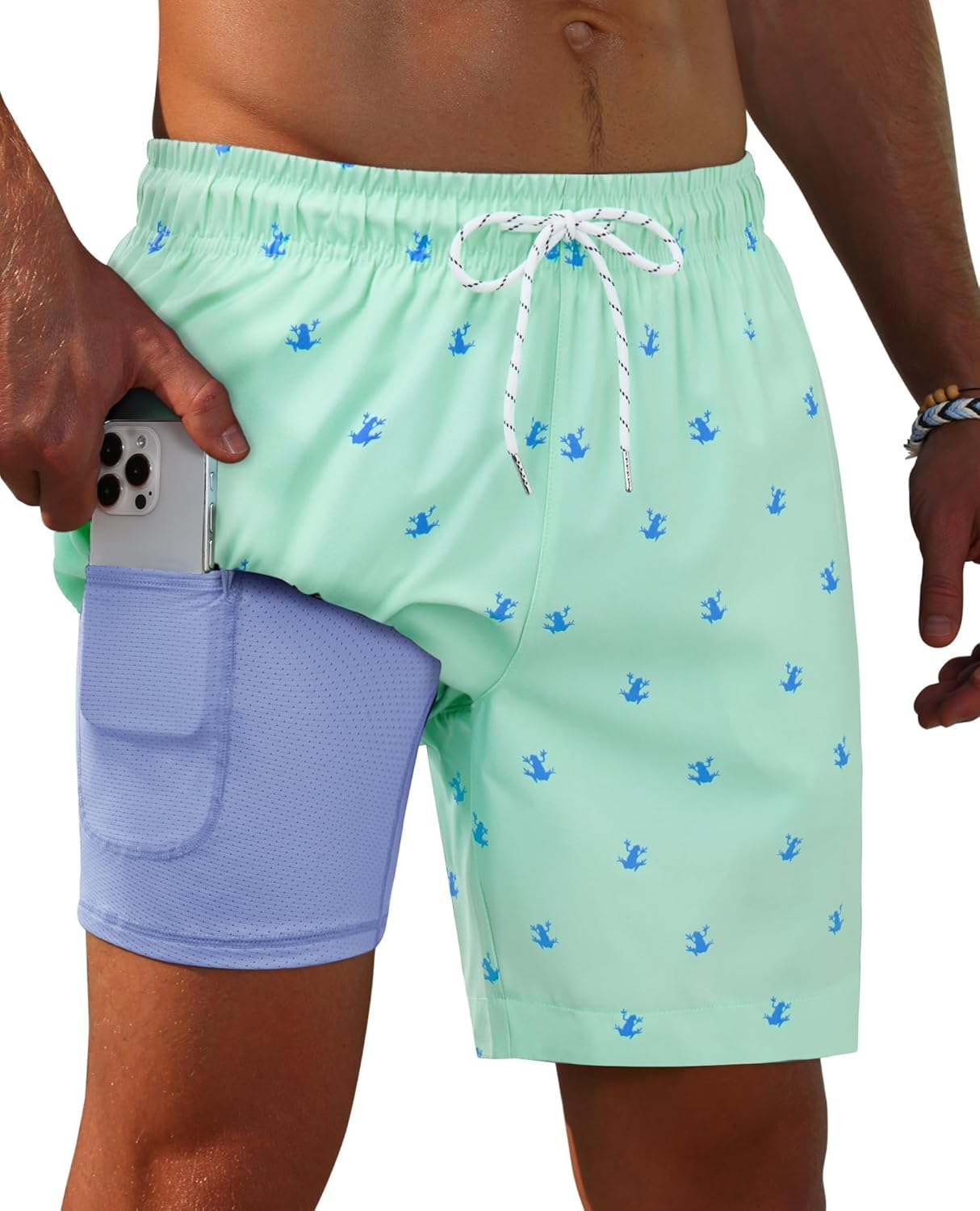 Gleeease 7inch Mens Swim Trunks 2 in 1 with Compression Liner Pockets Drawstring Quick Dry Stretch Lined Funny Beach Pool