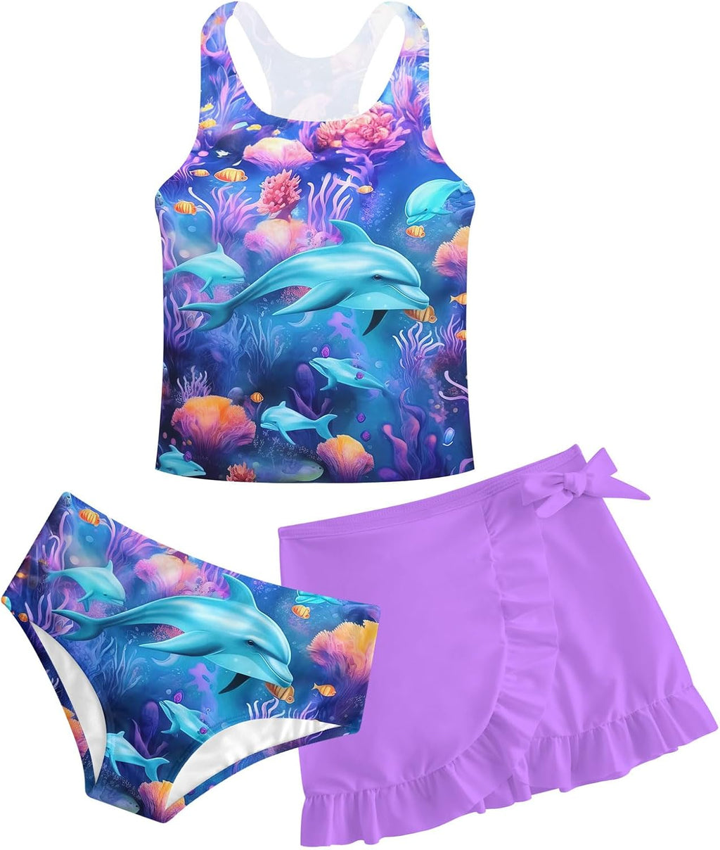 Girls Swimsuits 3 Piece Tankini Bathing Suit Set Cute Bikini Swimwear with Cover Ups Beach Skirt 5-16 Years