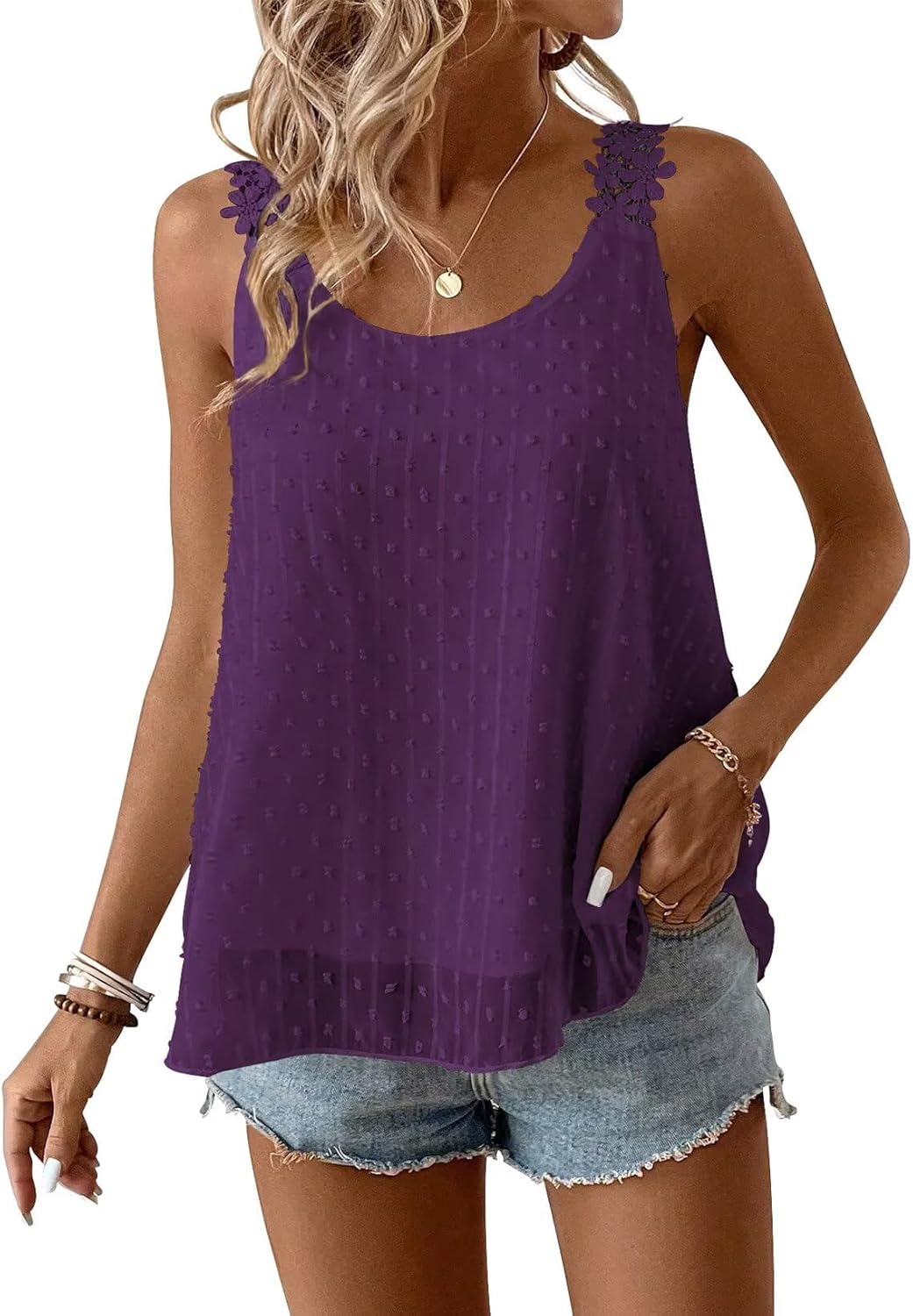 Womens Tank Tops Flowy Sleeveless Summer Boho Tank Top for Women Casual Crewneck Strap Lace Camisole Shirts
