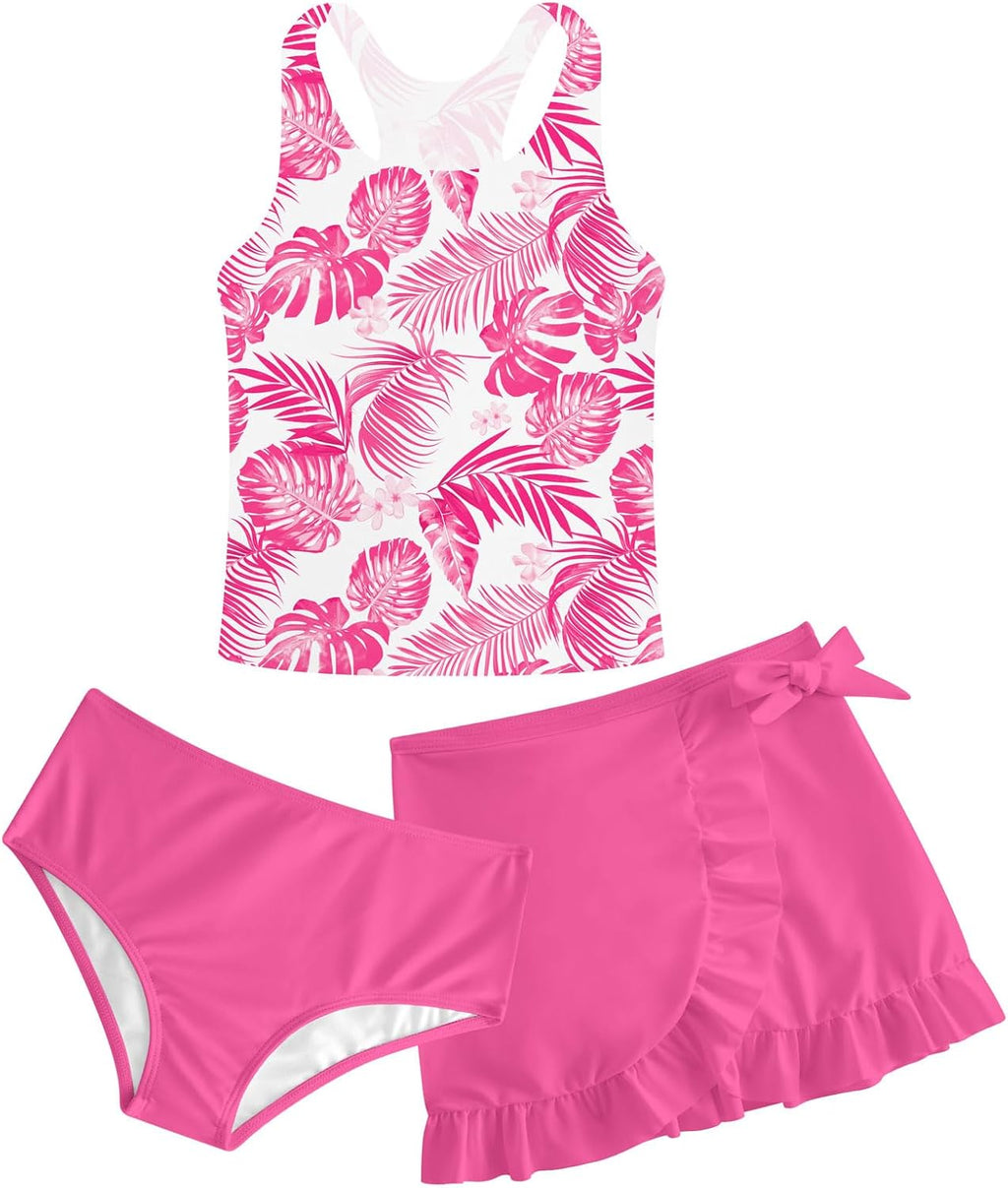Girls Swimsuits 3 Piece Tankini Bathing Suit Set Cute Bikini Swimwear with Cover Ups Beach Skirt 5-16 Years