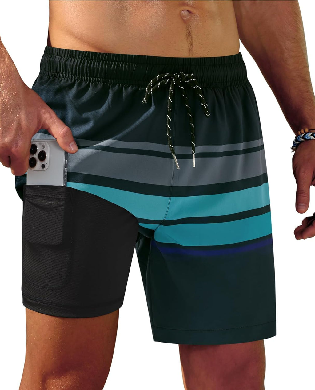 Gleeease 7inch Mens Swim Trunks 2 in 1 with Compression Liner Pockets Drawstring Quick Dry Stretch Lined Funny Beach Pool