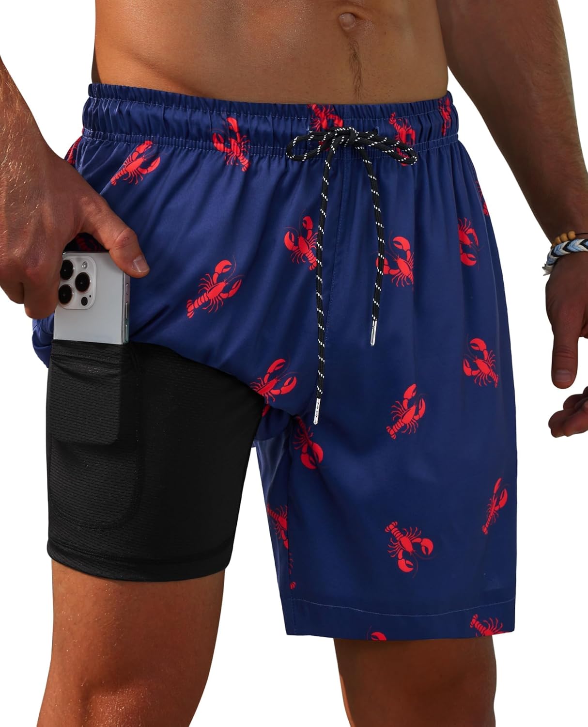 Gleeease 7inch Mens Swim Trunks 2 in 1 with Compression Liner Pockets Drawstring Quick Dry Stretch Lined Funny Beach Pool