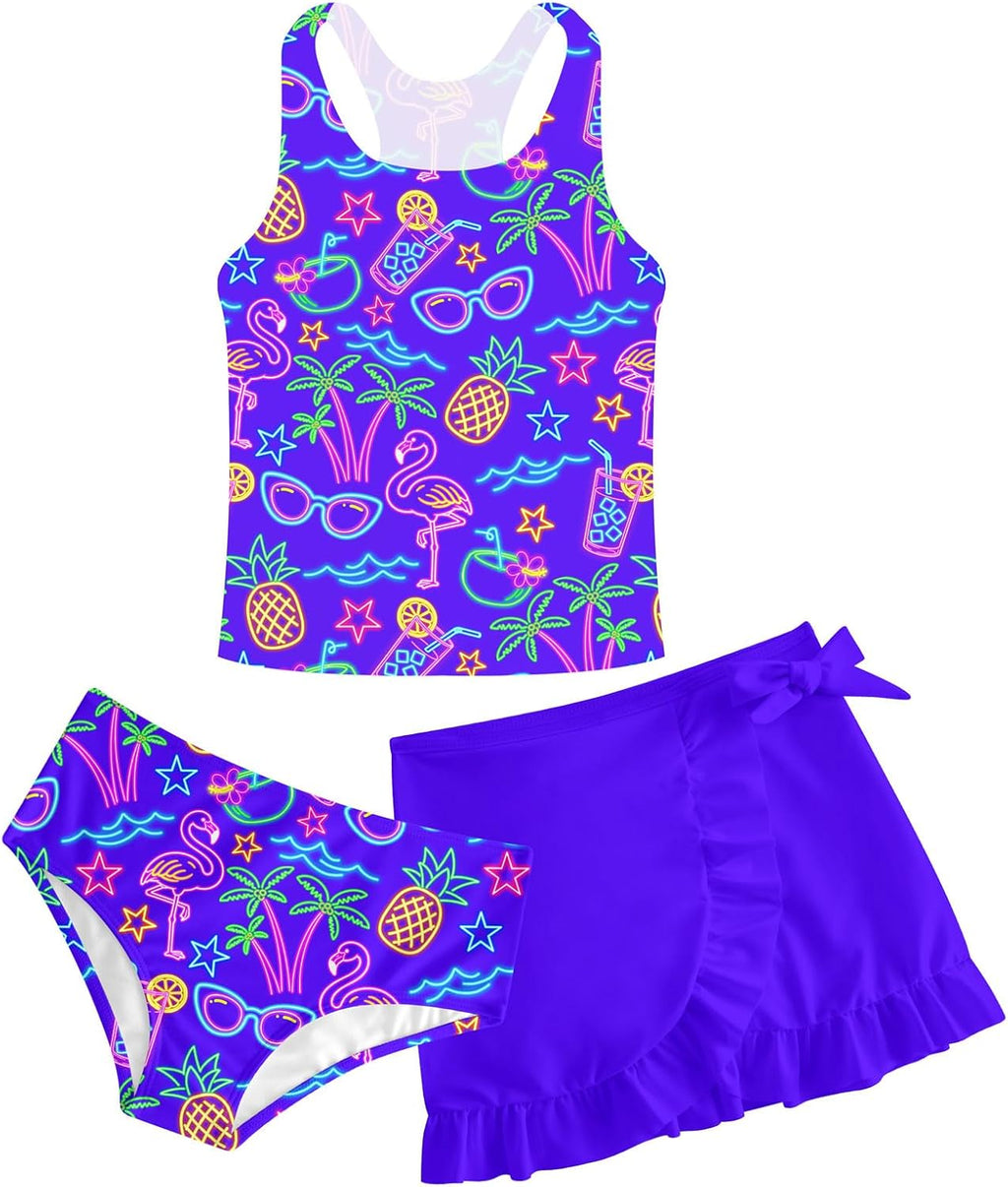 Girls Swimsuits 3 Piece Tankini Bathing Suit Set Cute Bikini Swimwear with Cover Ups Beach Skirt 5-16 Years