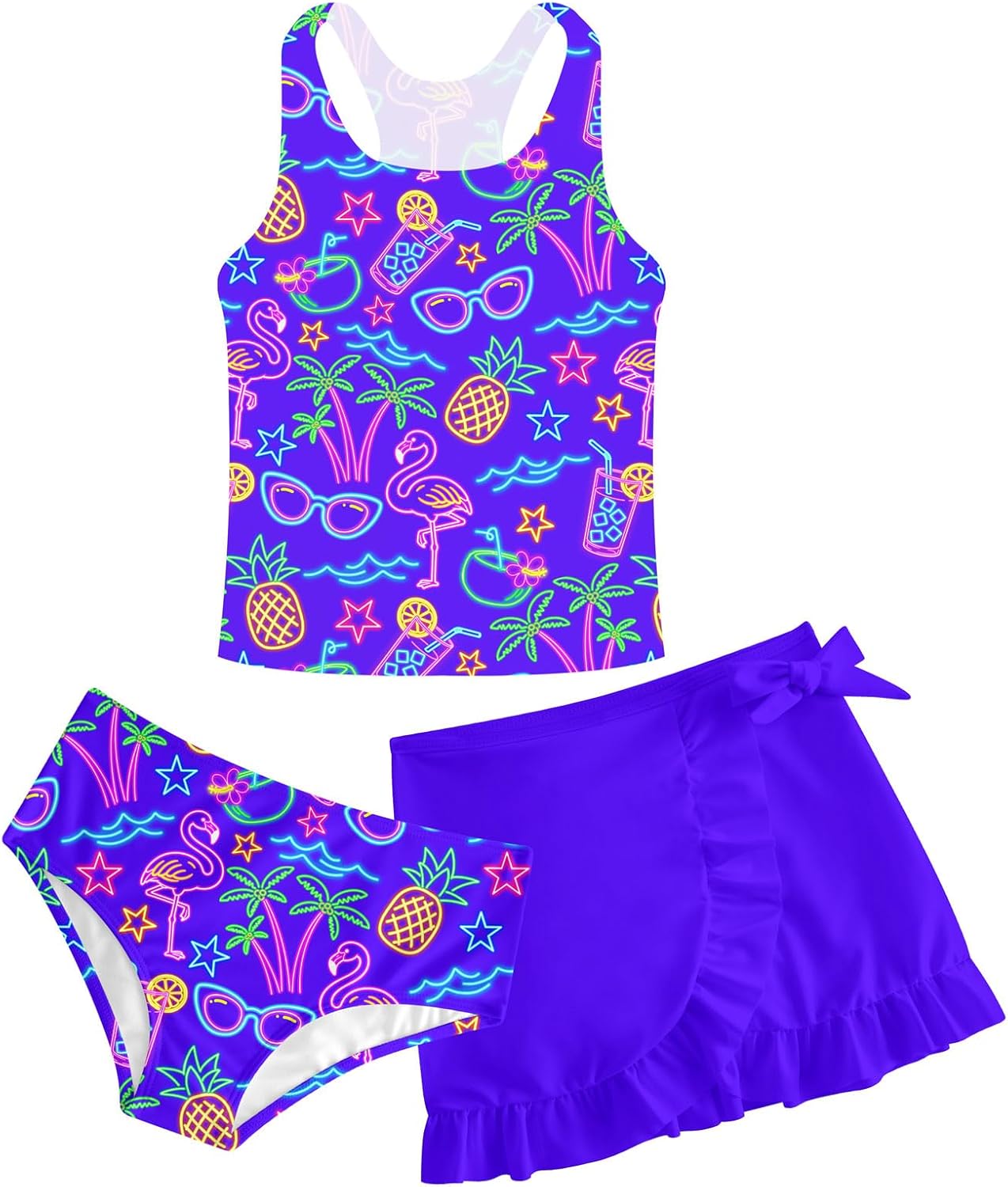 Girls Swimsuits 3 Piece Tankini Bathing Suit Set Cute Bikini Swimwear with Cover Ups Beach Skirt 5-16 Years