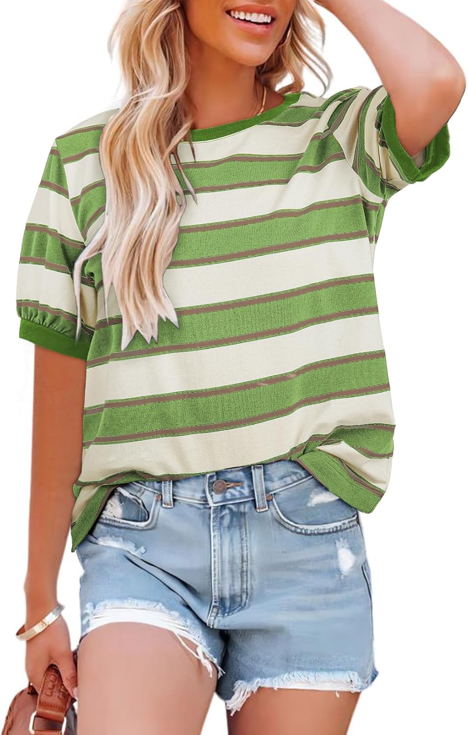 Dokotoo Womens Summer Tops 2026 Striped Color Block Short Sleeve Fashion T-Shirts Crewneck Casual Loose Basic Tee Blouses