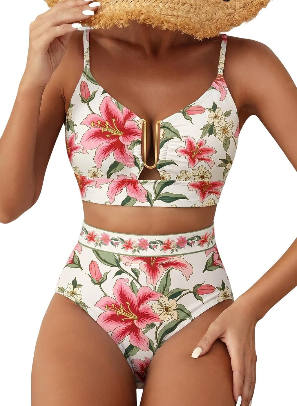 Herseas Womens 2 Piece High Waisted U Wire Bikini Set Floral Print Swimsuit Crisscross Back Bathing Suit Beach Swimwear