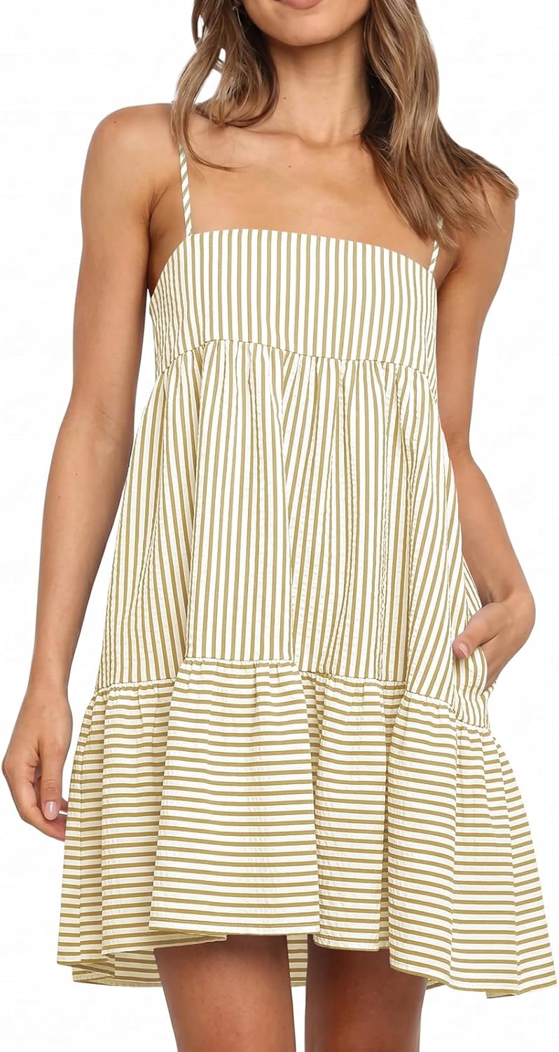 Wenrine Womens Summer Striped Mini Dress Casual Spaghetti Strap Sleeveless A Line Beach Sundress with Pockets