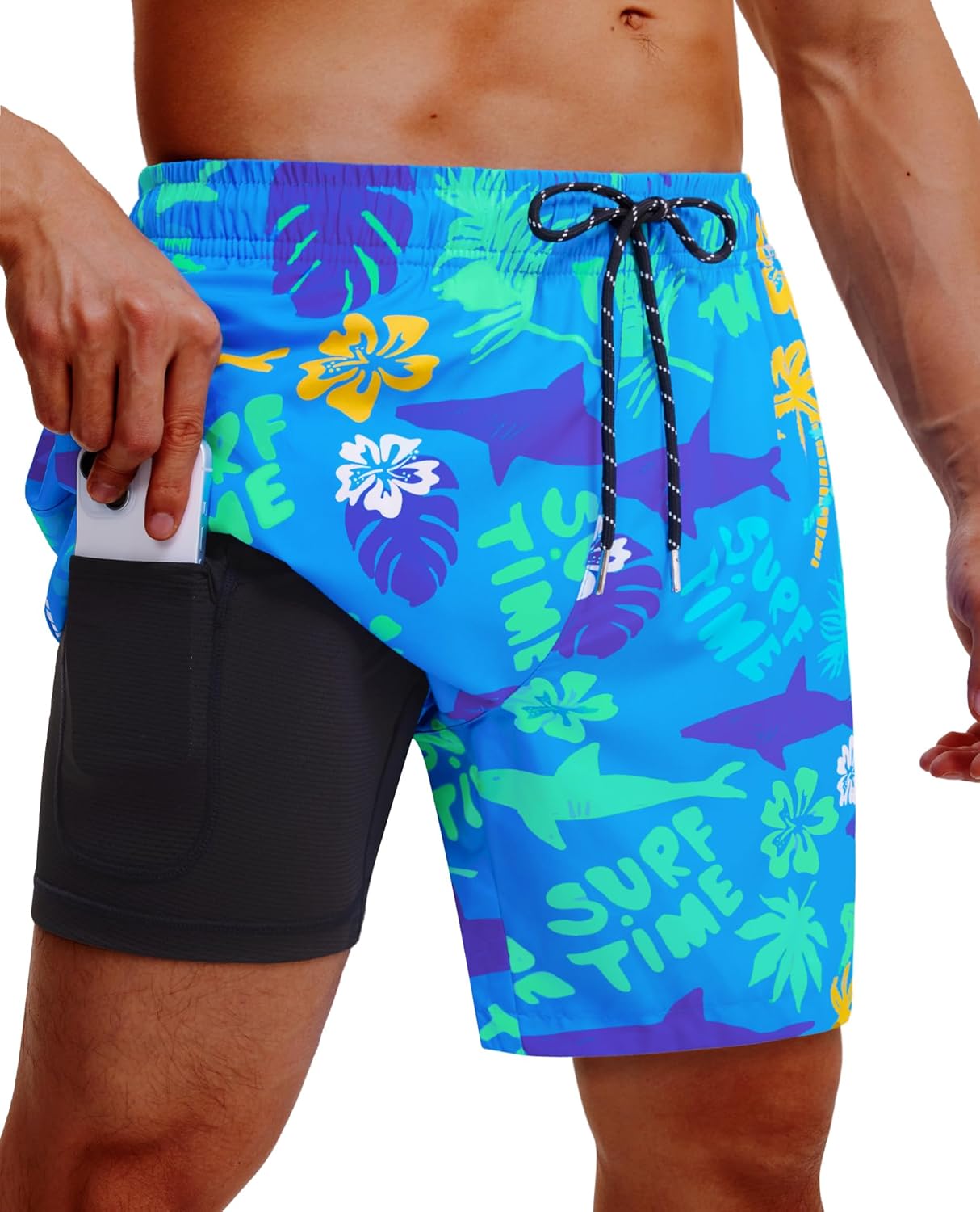 Gleeease 7inch Mens Swim Trunks 2 in 1 with Compression Liner Pockets Drawstring Quick Dry Stretch Lined Funny Beach Pool