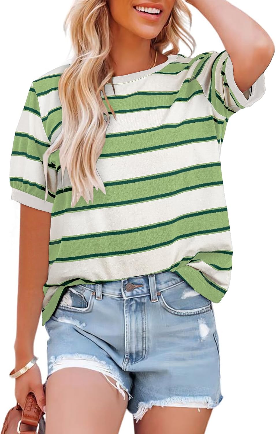 Dokotoo Womens Summer Tops 2026 Striped Color Block Short Sleeve Fashion T-Shirts Crewneck Casual Loose Basic Tee Blouses