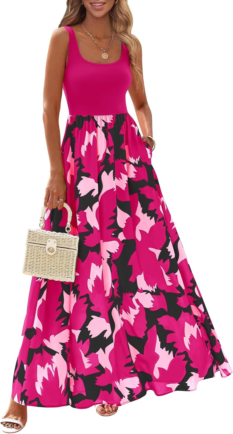 KIRUNDO Women Summer Sleeveless Boho Floral Maxi Dress 2026 Scoop Neck Tank A Line Flowy Beach Vacation Resort Wear Sundress