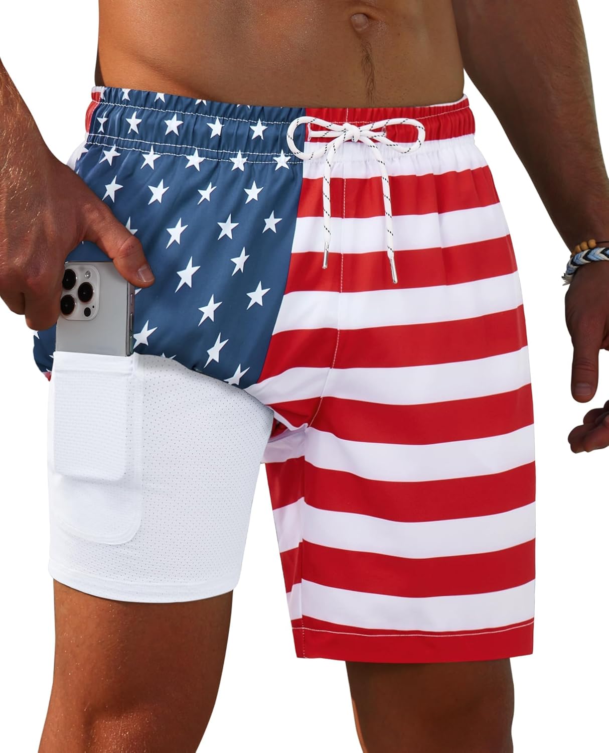 Gleeease 7inch Mens Swim Trunks 2 in 1 with Compression Liner Pockets Drawstring Quick Dry Stretch Lined Funny Beach Pool
