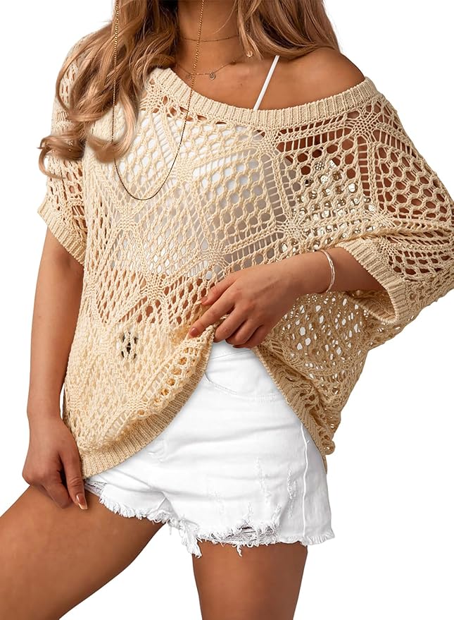 Dokotoo Women's Crochet Cover Up Tops Summer Short Sleeve Off Shoulder Sweater Shirts Beach Swimsuit Coverup