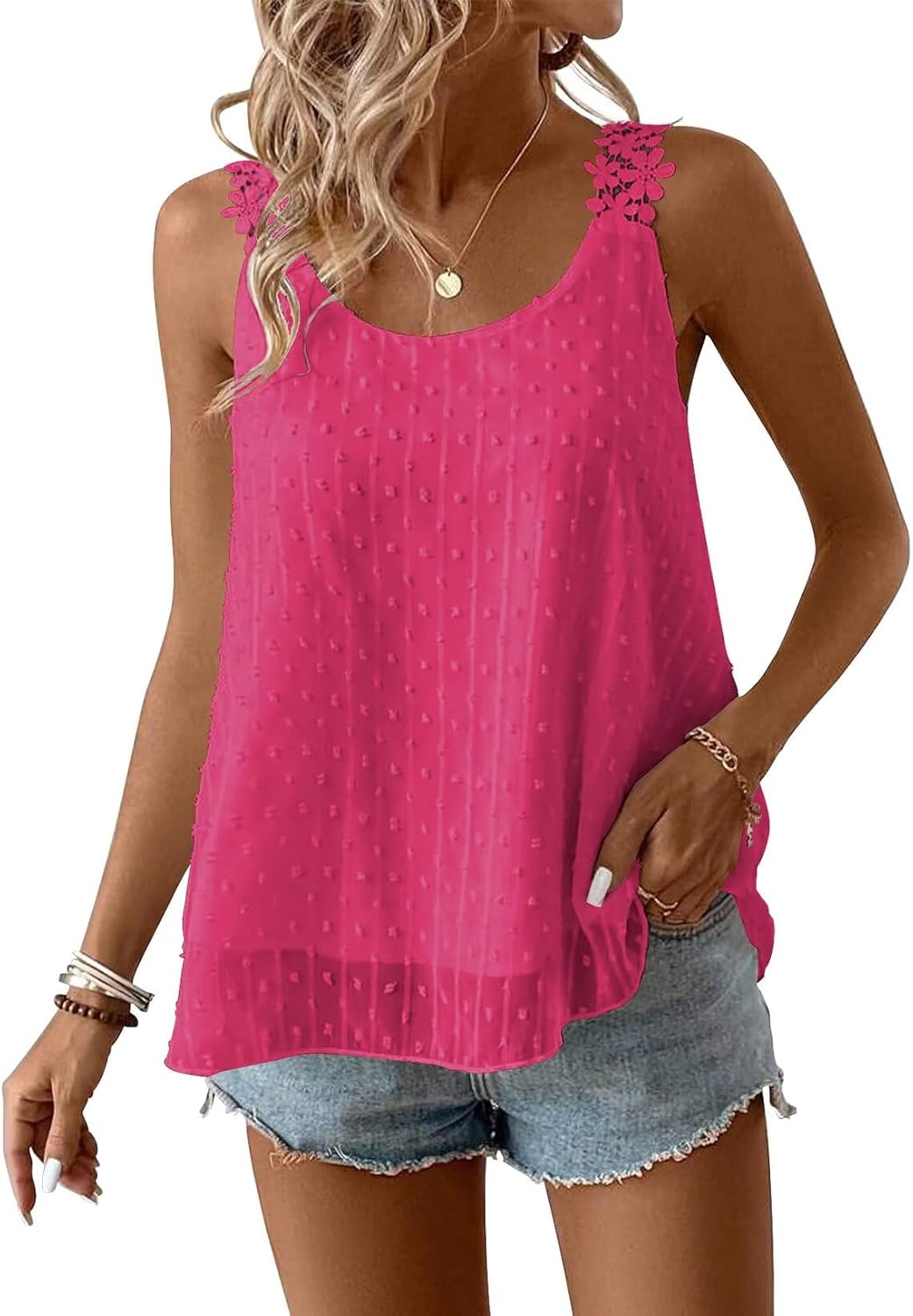 Womens Tank Tops Flowy Sleeveless Summer Boho Tank Top for Women Casual Crewneck Strap Lace Camisole Shirts