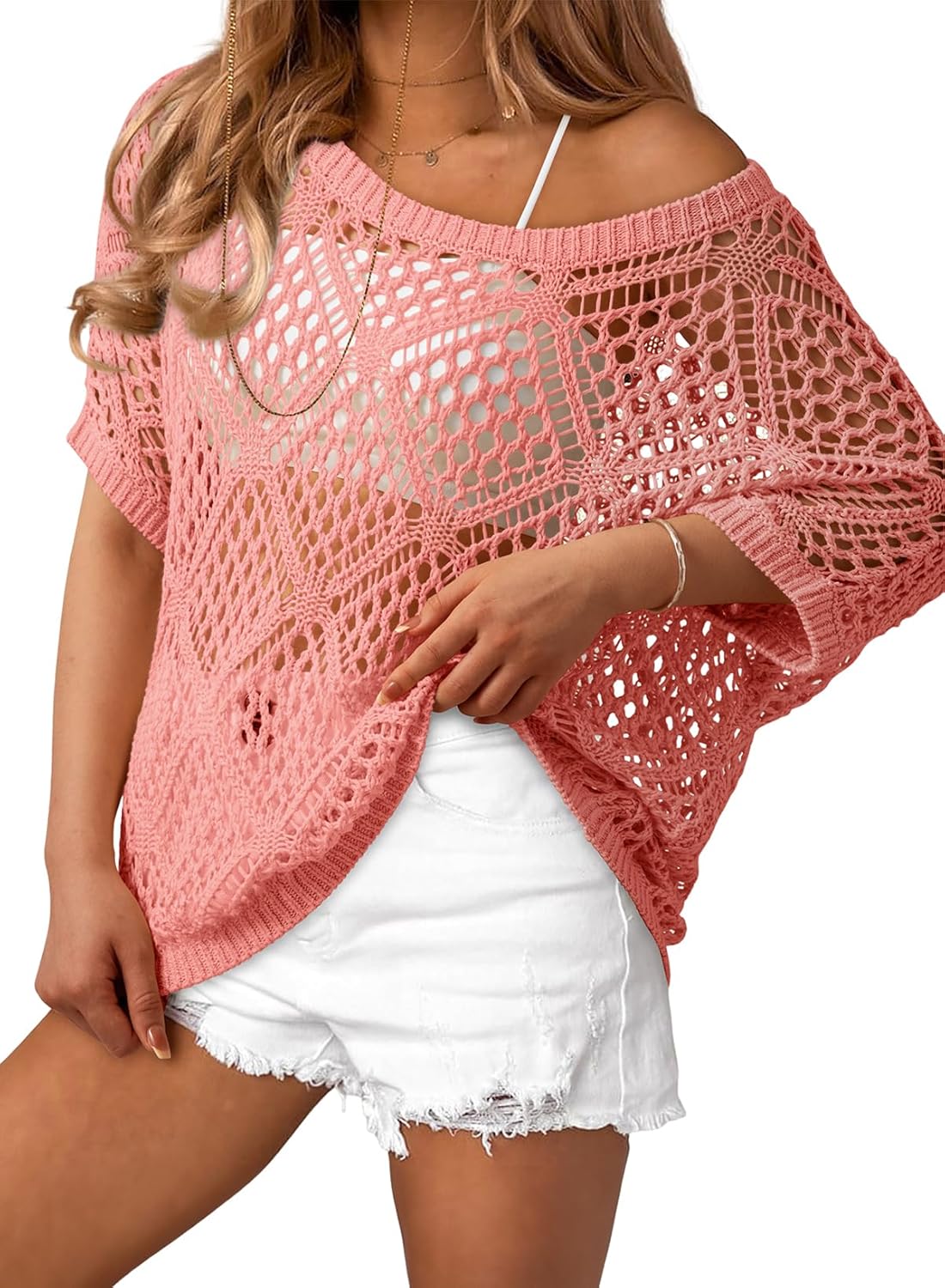 Dokotoo Women's Crochet Cover Up Tops Summer Short Sleeve Off Shoulder Sweater Shirts Beach Swimsuit Coverup