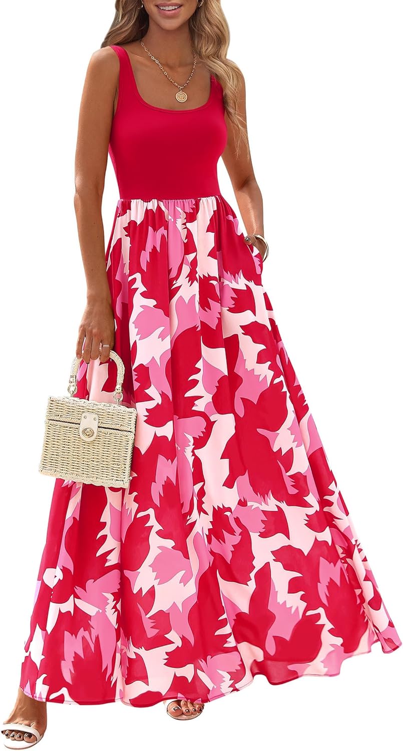 KIRUNDO Women Summer Sleeveless Boho Floral Maxi Dress 2026 Scoop Neck Tank A Line Flowy Beach Vacation Resort Wear Sundress