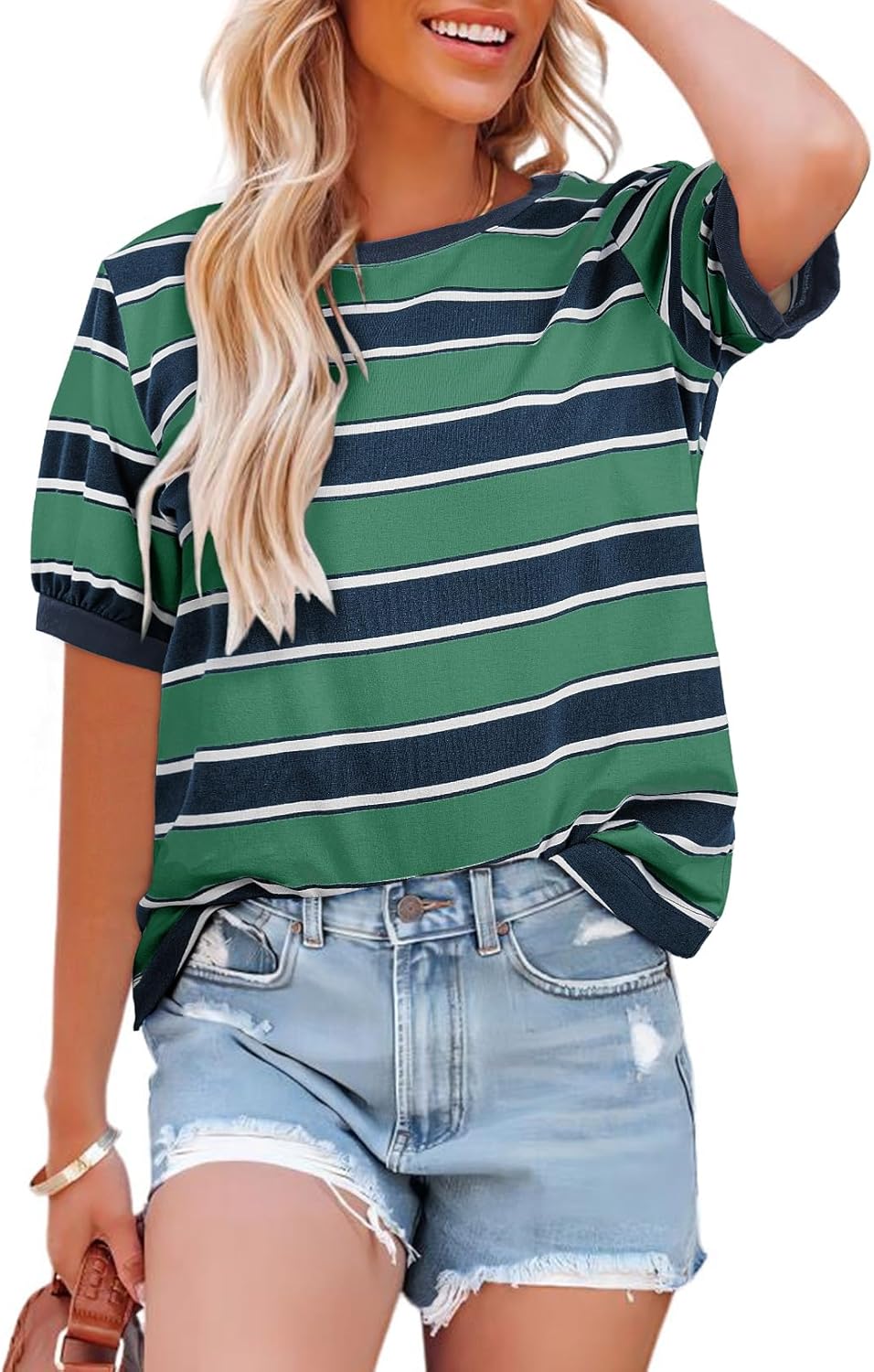 Dokotoo Womens Summer Tops 2026 Striped Color Block Short Sleeve Fashion T-Shirts Crewneck Casual Loose Basic Tee Blouses