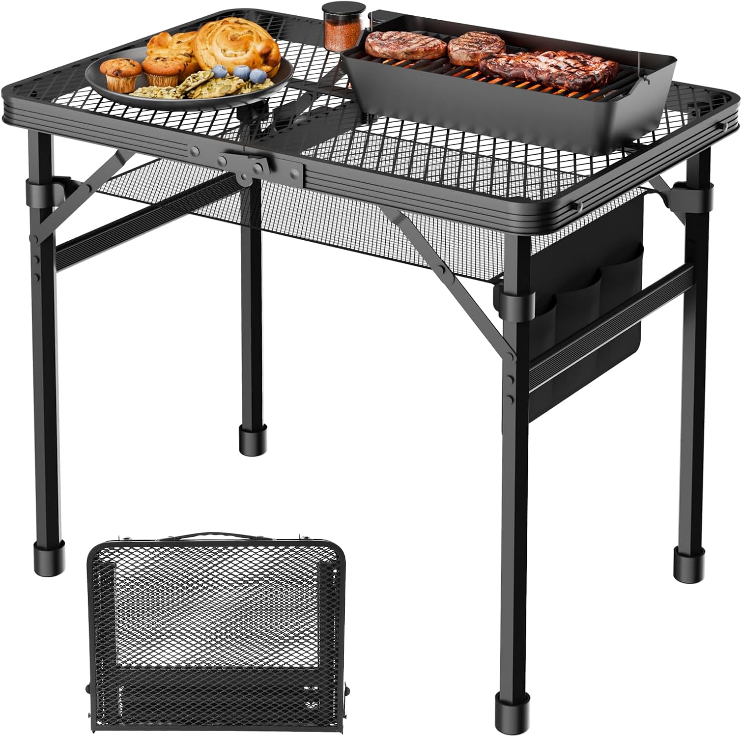 WildFinder Folding Table with 2 Wing Panels, 3x2 FT Camping Table with Mesh Desktop,Height Adjustable Folding Grill Table with Mesh Bag,Portable Outdoor Table for Picnic,Camping,BBQ,Beach(Black)