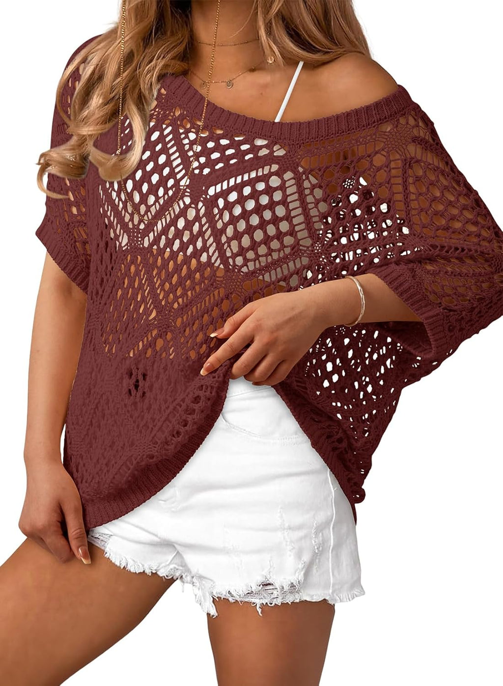 Dokotoo Women's Crochet Cover Up Tops Summer Short Sleeve Off Shoulder Sweater Shirts Beach Swimsuit Coverup