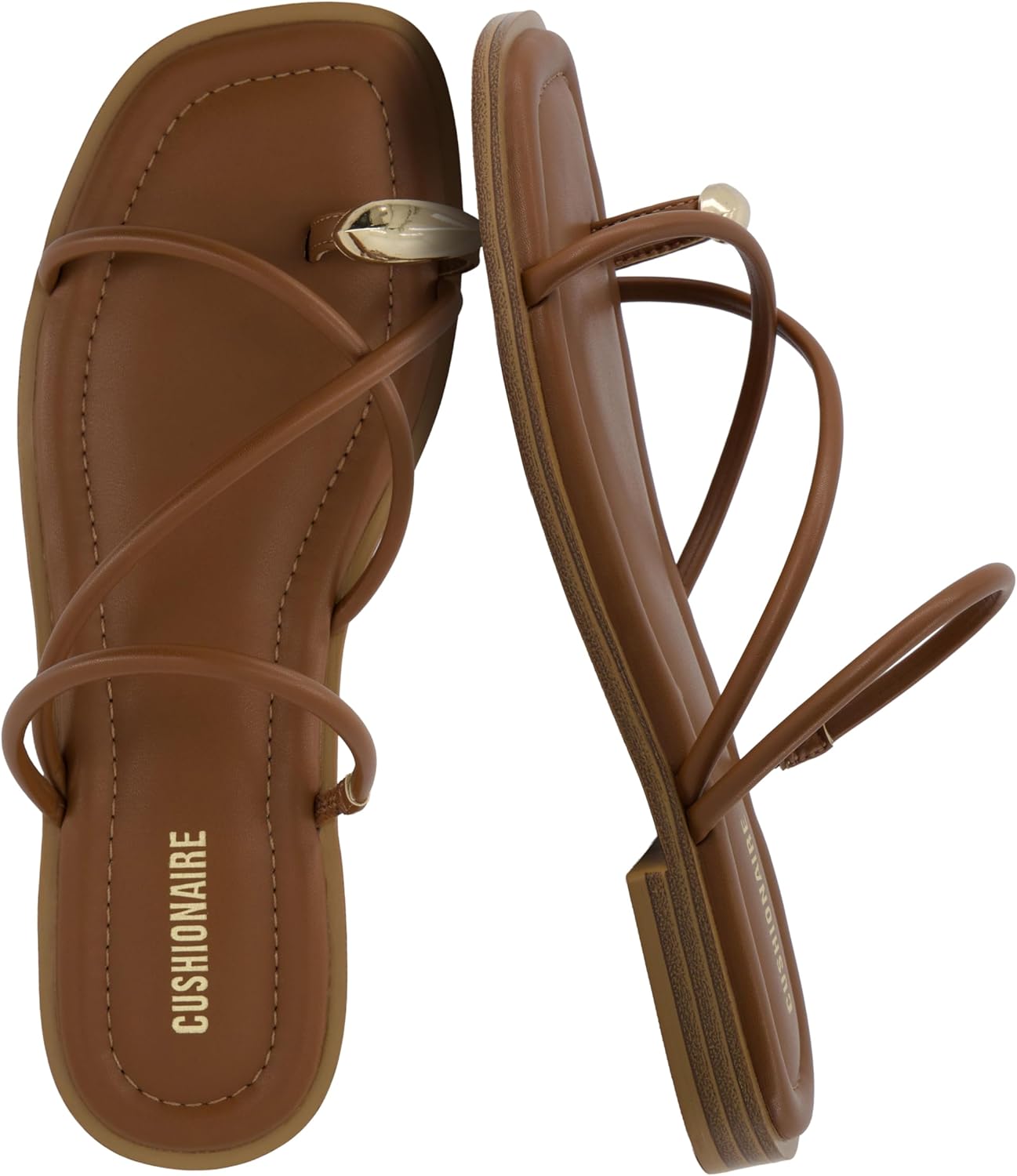 CUSHIONAIRE Venue Women’s Strappy Toe-Loop Slide Sandals with Gold-Tone Accent & Memory Foam Comfort