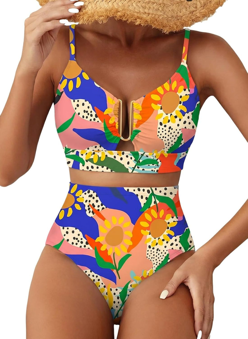 Herseas Womens 2 Piece High Waisted U Wire Bikini Set Floral Print Swimsuit Crisscross Back Bathing Suit Beach Swimwear