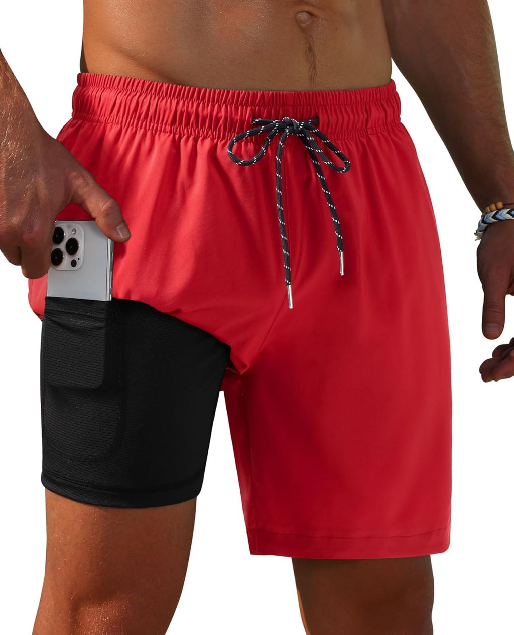 Gleeease 7inch Mens Swim Trunks 2 in 1 with Compression Liner Pockets Drawstring Quick Dry Stretch Lined Funny Beach Pool