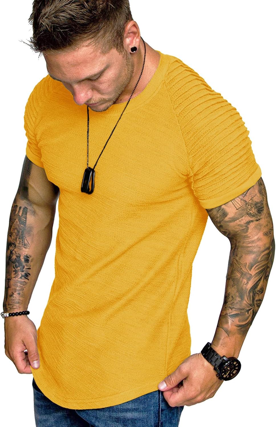 COOFANDY Men's Muscle T-Shirt Pleated Raglan Sleeve Bodybuilding Gym Tee Short Sleeve Fashion Workout Shirts Hipster Shirt