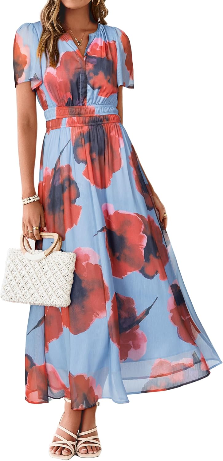 Simplee Women Floral Summer Maxi Dress Boho Flowy Casual Chiffon Short Sleeves V Neck Long Wedding Guest Dresses