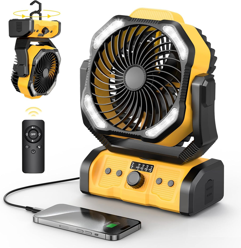 Peouix Portable Rechargeable Fan, 20000mAh Cordless Battery Powered Camping Tent Fans with LED Lantern, Small USB C Operated Outdoor Ventiladores for Travel Camp Fishing Office Home Essentials