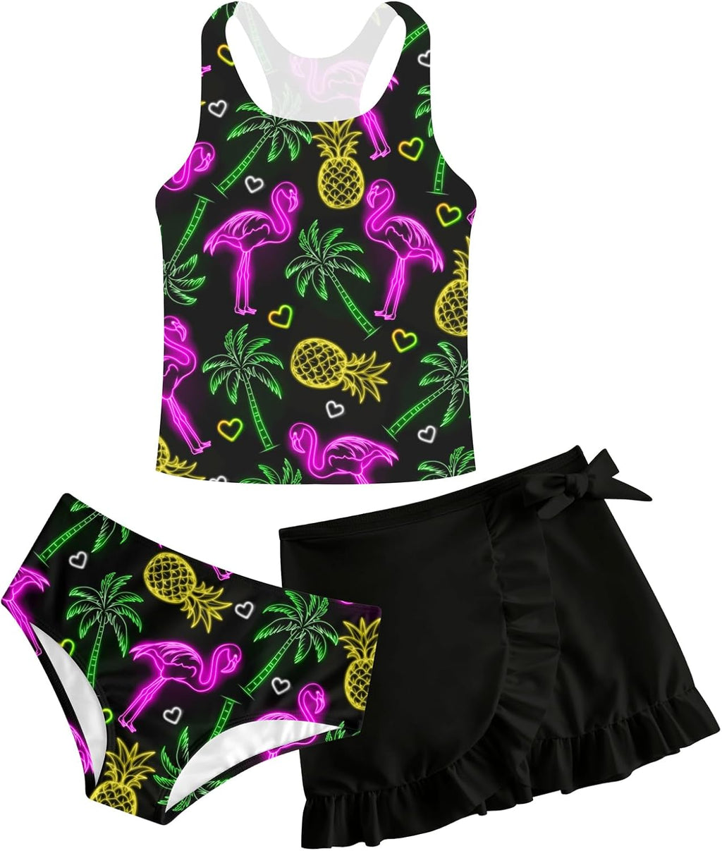 Girls Swimsuits 3 Piece Tankini Bathing Suit Set Cute Bikini Swimwear with Cover Ups Beach Skirt 5-16 Years