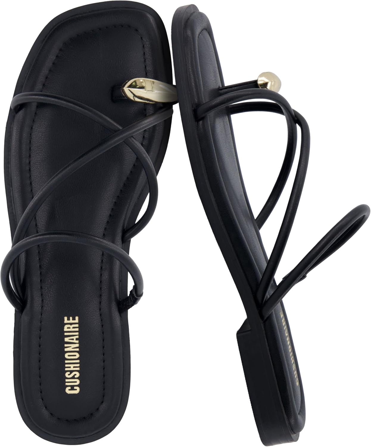 CUSHIONAIRE Venue Women’s Strappy Toe-Loop Slide Sandals with Gold-Tone Accent & Memory Foam Comfort
