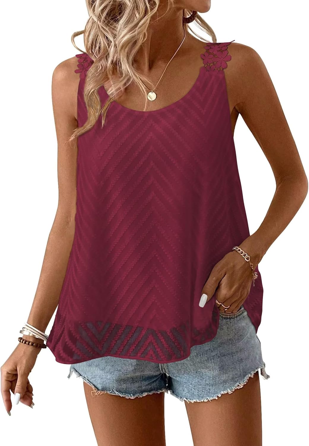 Womens Tank Tops Flowy Sleeveless Summer Boho Tank Top for Women Casual Crewneck Strap Lace Camisole Shirts