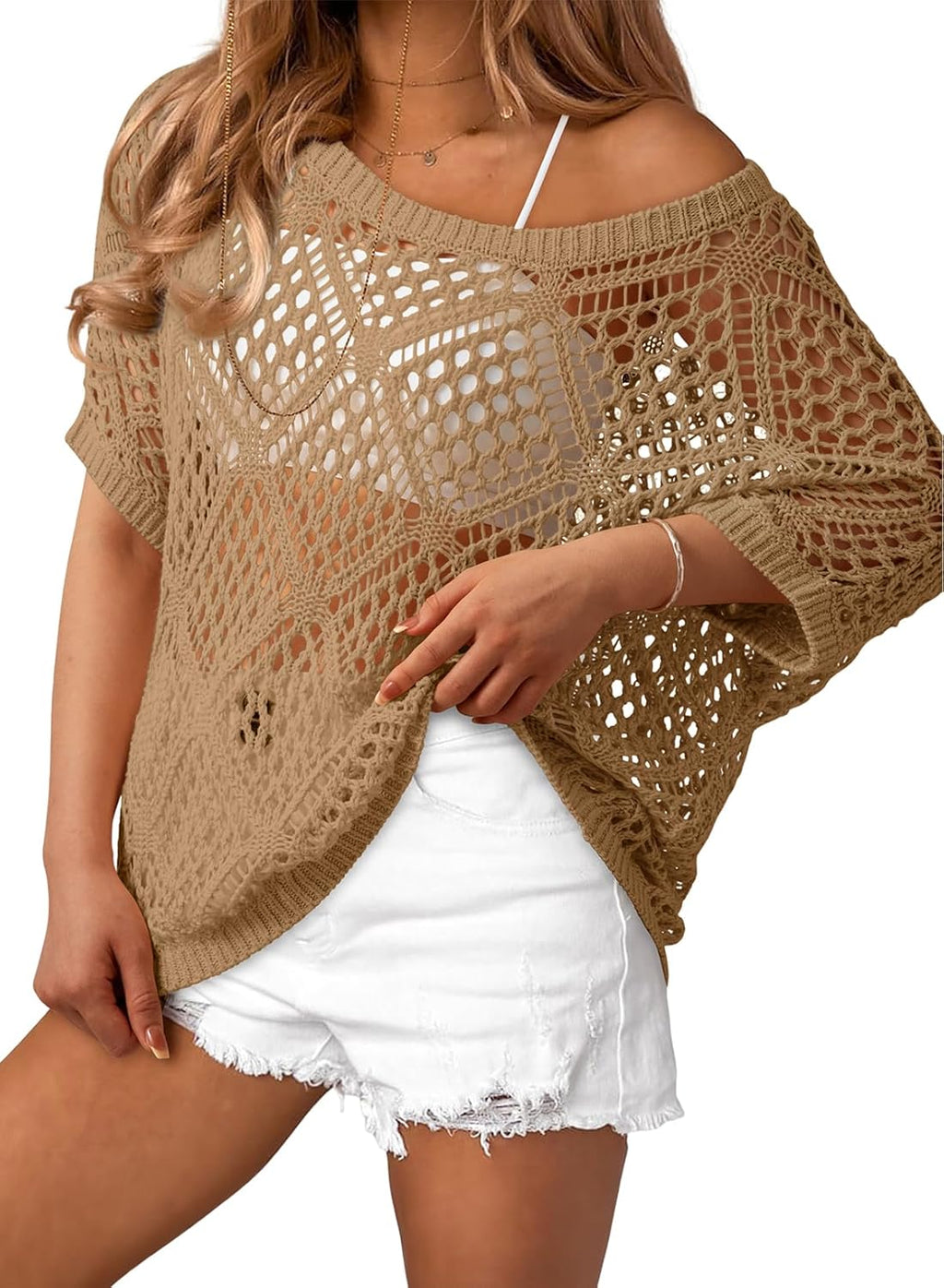 Dokotoo Women's Crochet Cover Up Tops Summer Short Sleeve Off Shoulder Sweater Shirts Beach Swimsuit Coverup