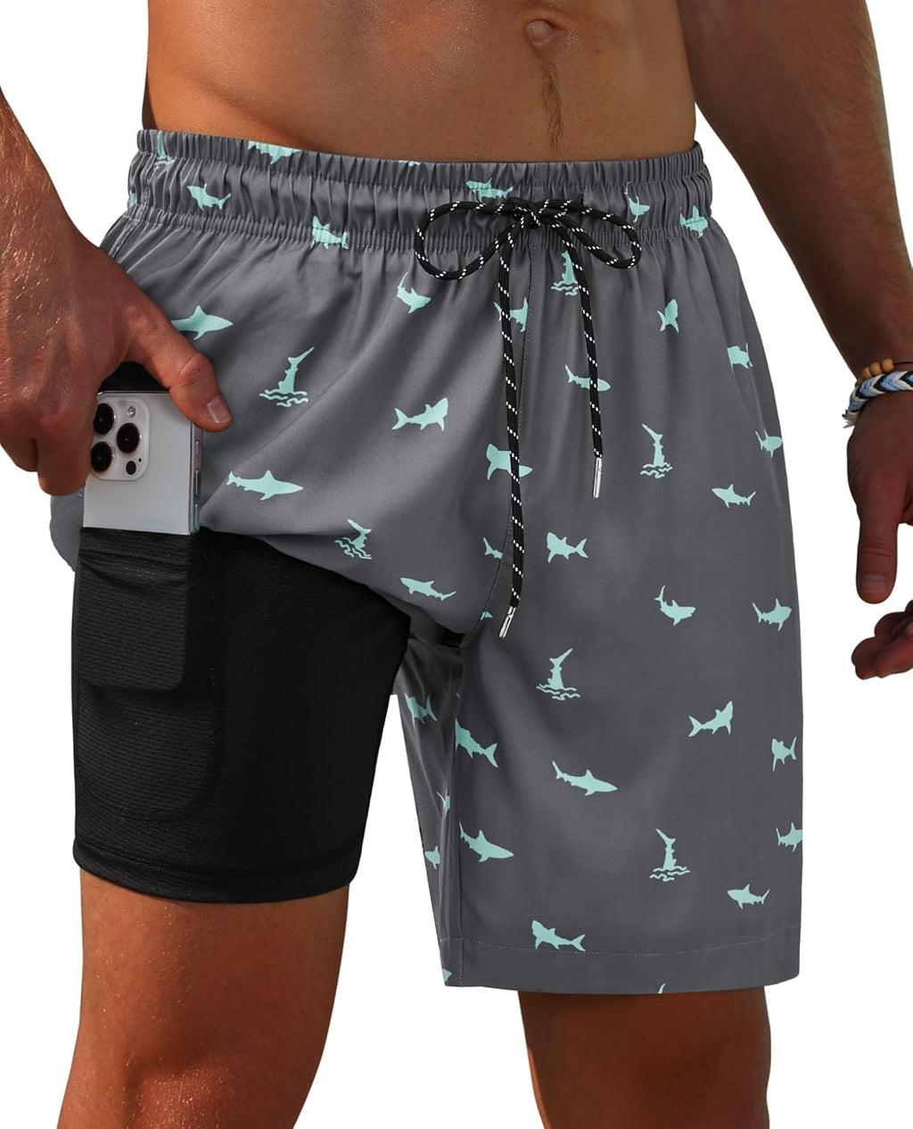 Gleeease 7inch Mens Swim Trunks 2 in 1 with Compression Liner Pockets Drawstring Quick Dry Stretch Lined Funny Beach Pool