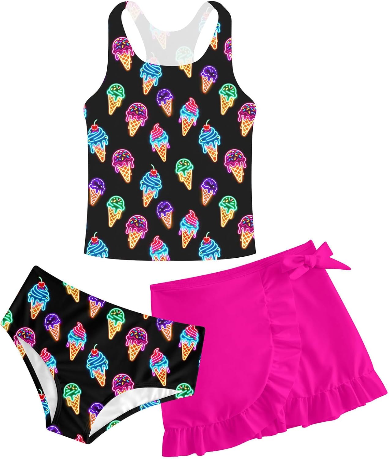 Girls Swimsuits 3 Piece Tankini Bathing Suit Set Cute Bikini Swimwear with Cover Ups Beach Skirt 5-16 Years